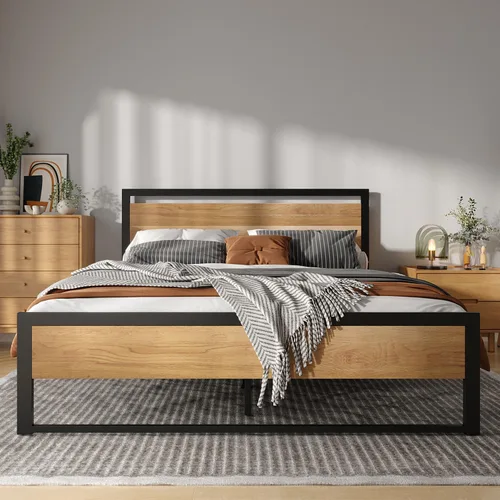 Vista 2 de BONSOIR Marco de cama tamaño King con plataforma de acero estable con cabecero/estribo de madera (tamaño King)