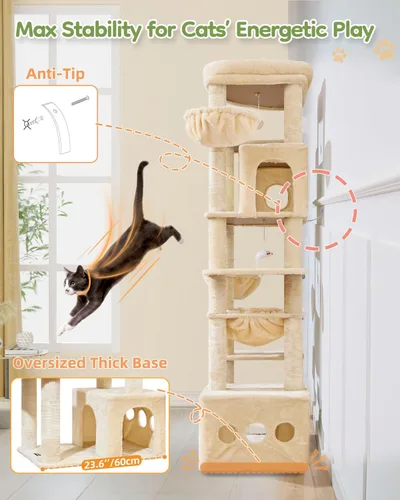 Vista 7 de Taoqimiao Árbol para gatos de 72 pulgadas, torre XXL para gatos de interior y adultos, plataforma extragrande, 2 casas para gatos, 7 postes