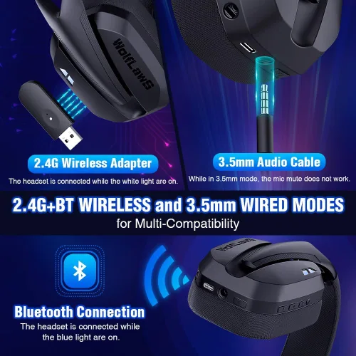 Vista 7 de TA3000 - Auriculares inalámbricos para juegos para PC, PS5, PS4, Switch, Mac, Bluetooth USB con micrófonos desmontables e integrados, aislamiento