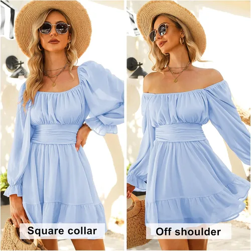 Vista 4 de Exlura - Vestido de manga larga para mujer con cuello cuadrado holanes cintura elástica acampanado amarre posterior estilo casual y corto