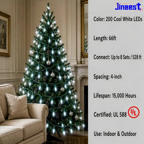 Vista 3 de 200 luces LED de Navidad blancas frías, certificación UL y luces comerciales de alambre verde de 66 pies, para interiores y exteriores, invierno