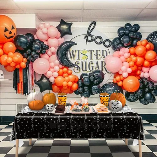 Vista 6 de 3 manteles desechables de Halloween con diseño de calavera y esqueleto, de plástico, color negro, rectangular, de vinilo, para decoración de fiestas