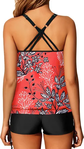 Vista 2 de Yonique Traje de baño tankini de dos piezas con tirantes delgados para mujer con pantalones cortos cruzados