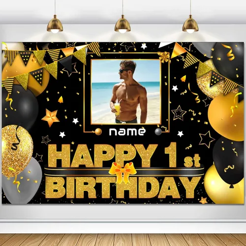 Vista 13 de Cartel decorativo personalizado de feliz cumpleaños número 100 - Personalización disponible - Negro y dorado - Tamaño grande - Admite fotos