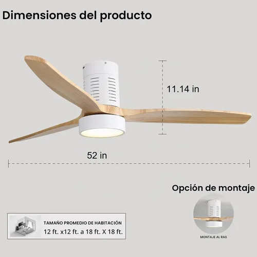 Vista 5 de Sofucor Ventiladores de techo de 52 pulgadas con luces y control remoto, moderno ventilador de techo de madera de perfil bajo, regulable LED, motor