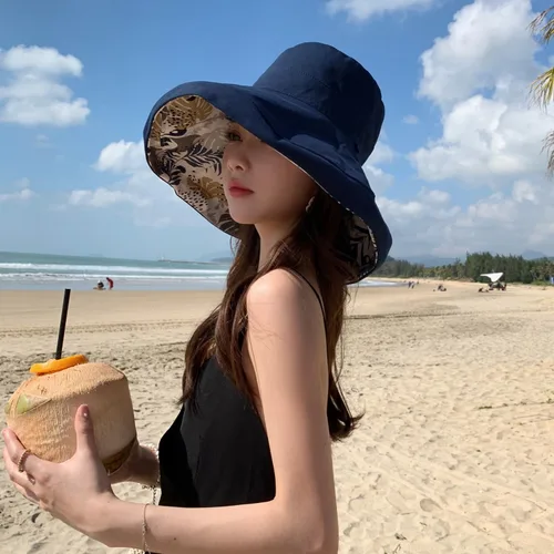 Vista 3 de Sombrero de sol de ala súper ancha para mujer, de algodón, plegable, reversible, con borde con cable, protección UV, verano, playa, viajes, jardín