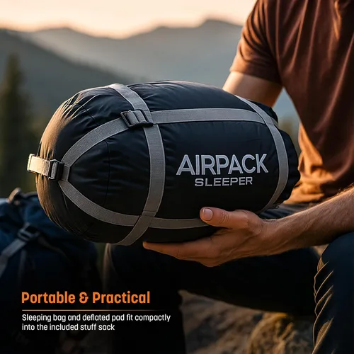Vista 8 de Saco de dormir con almohadilla integrada (AirPack Sleeper) – Colchoneta inflable todo en uno y manta con cremallera para acampar con bomba de pie
