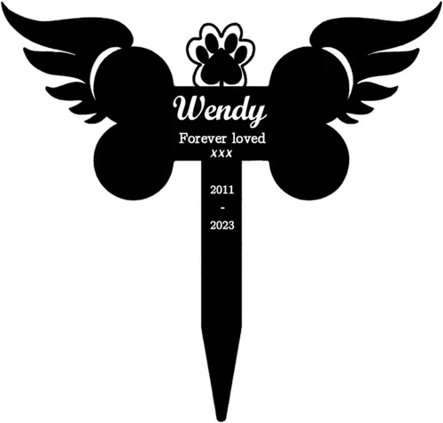 Vista 2 de Marcador de metal para tumbas para mascotas, nombre personalizado, estaca de jardín, perro, conmemorativo, alas de ángel, marcador de tumba, hueso