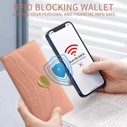 Vista 4 de MACWAVE Carteras para mujer de cuero con bloqueo RFID para mujer, bolso largo de embrague para teléfono, chequera, organizador de múltiples