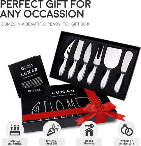 Vista 3 de Lunar - Juego de cuchillos de queso de 6 piezas, colección de cuchillos de queso de acero inoxidable de alta calidad, accesorios para tabla
