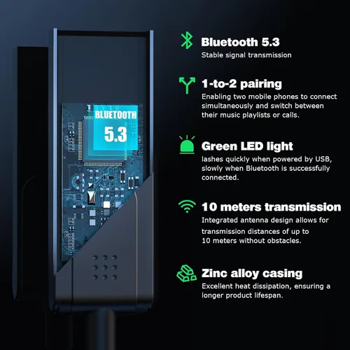 Vista 3 de Adaptador Bluetooth 5.3 a auxiliar para automóvil o amplificador, USB a receptor Bluetooth hembra de 0.138 in, compatible con altavoz con cable