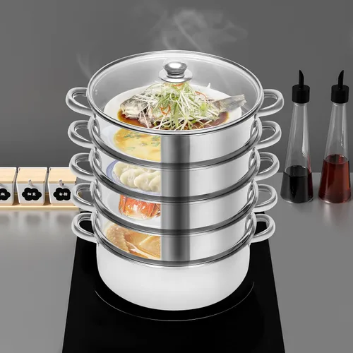 Vista 4 de Olla de vapor para cocinar de 5 niveles de acero inoxidable de grado alimenticio, olla de vapor de 10 pulgadas con tapa de vidrio, olla multiusos