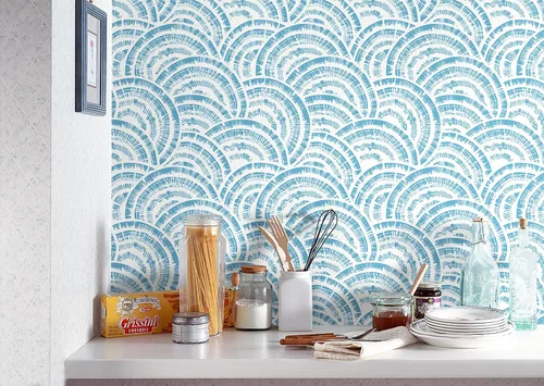 Vista 4 de Toduso Papel tapiz geométrico de 17.3 x 196.8 pulgadas, papel tapiz para despegar y pegar, papel de pared de círculo azul blanco y azul, papel