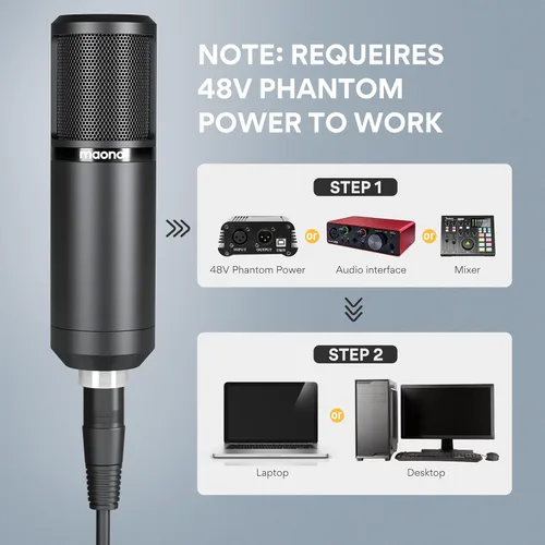 Vista 2 de MAONO PM320S Micrófono de PC de condensador con cable XLR, brazo de pluma, filtro pop Computer Mic Compatible with Audio Interface & Mixer for