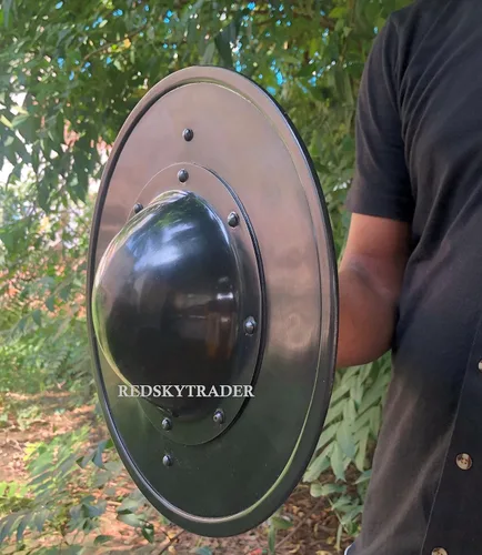 Vista 4 de Battle Ready Buckler Shield - Escudo medieval para arqueros de combate negro con mango de madera de 11 pulgadas, Negro