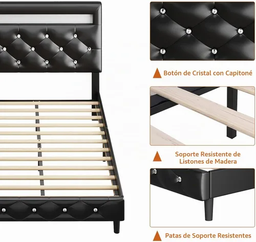 Vista 8 de Base de cama tapizada moderna tamaño Queen con luces LED, marco de cama de plataforma de piel sintética de perfil bajo, cabecero ajustable