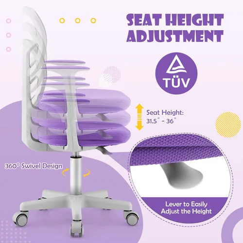 Vista 4 de GLACER - Silla de escritorio para niños, silla de estudio de malla ajustable con ruedas (morado) Swivel Ergonomic Computer Task Chair with Arms