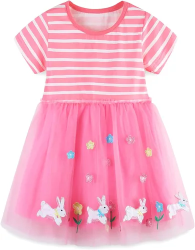 Vista 16 de Bumeex - Vestidos de verano para niñas pequeñas, de algodón, estampado de caricatura, manga corta, vestidos casuales para niñas, vestidos de sol