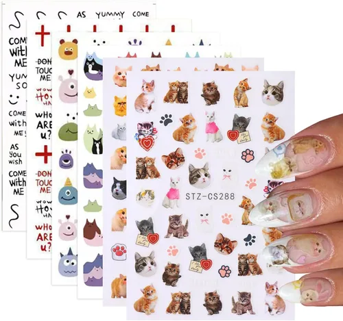 Vista 2 de 6 hojas de calcomanías de arte de uñas de animales autoadhesivas 3D, diseño de letras de gato, divertidas calcomanías de uñas para primavera