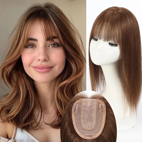 Vista 24 de HAIRCUBE Pelucas de cabello humano 100% con flequillo, densidad 150%, base de seda, clip en la parte superior, pelucas de cabello superior