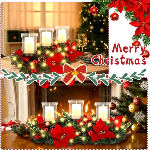 Vista 5 de Sliner Candelabro de Navidad para centro de mesa, candelabro de cristal de flor de pascua de Navidad, candelabro romántico para decoración de mesa