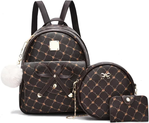 Vista 26 de I IHAYNER Mochila de cuero de moda de 3 piezas con lazo para niñas, mochila, bolso para mujer, mochila para damas, bolsa de hombro Beige