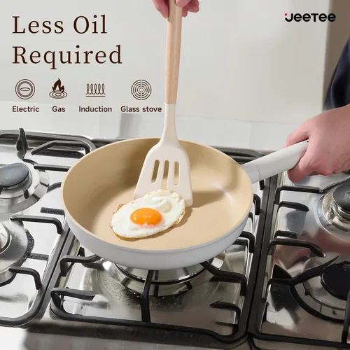 Vista 2 de JEETEE Juego de utensilios de cocina de cerámica, 15 ollas y sartenes antiadherentes con asas extraíbles, juego de utensilios de cocina de inducción