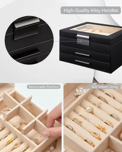 Vista 3 de Joyero con parte superior transparente, organizador grande de 3 capas para mujeres, aretes, anillos, collares, organizador de almacenamiento