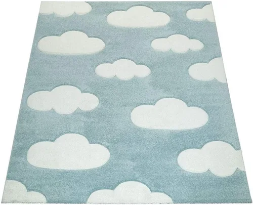 Vista 4 de Alfombra moderna para niños con nubes en azul pastel para guardería, tamaño: 2'8" x 4'11