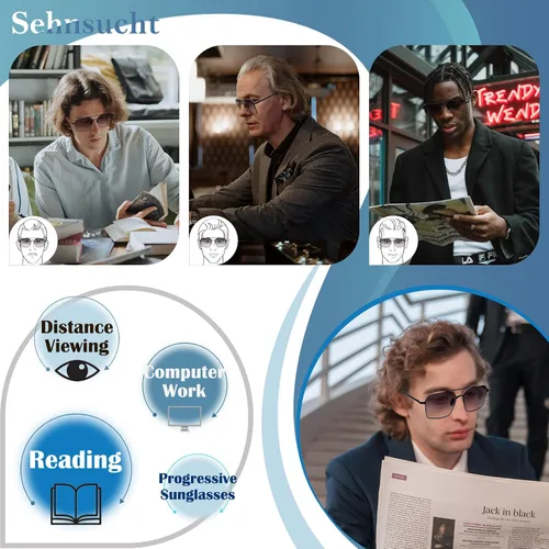 Vista 4 de Sehnsucht Computador para hombre progresivo cuadrado de las gafas de sol de lectura ninguna línea multifocus lector flexible bisagra