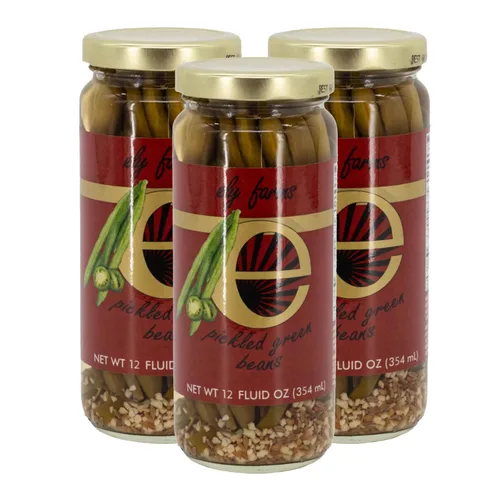 Vista 3 de Ely Farms Frijoles verdes en escabeche Receta familiar Sabor picante a eneldo y ajo Un toque de chile Delicioso aperitivo o guarnición
