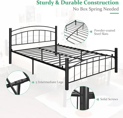 Vista 4 de Giantex Base de cama de metal, plataforma moderna con cabecero y estribo, base de colchón con soporte de listones de acero resistente, sin ruido