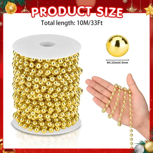 Vista 3 de Guirnalda de cuentas para árbol de Navidad de 33 pies, guirnalda de perlas artificiales, cadena de hilos de perlas de plástico, guirnaldas
