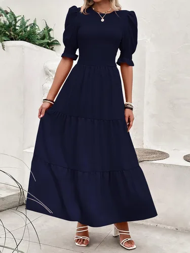 Vista 81 de BTFBM Vestidos para mujer, cuello redondo, casual, de verano, con volantes, manga corta, bohemio, con niveles, fruncido, largo, con estampado floral