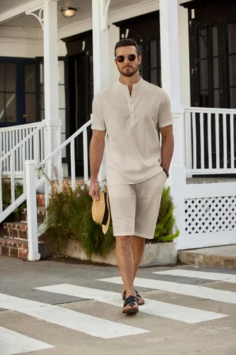 Vista 5 de COOFANDY - Conjunto de 2 piezas de lino para hombre, camisas Henley casuales de manga corta, pantalones cortos de playa, yoga, pantalones de verano