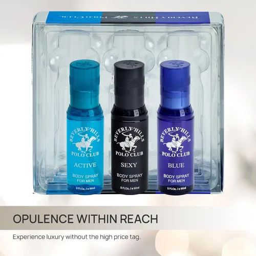 Vista 4 de Beverly Hills Polo Club Colección Signature Body Spray para hombre Juego de 3 piezas: azul, activo, sexy, fragancias versátiles para cada ocasión
