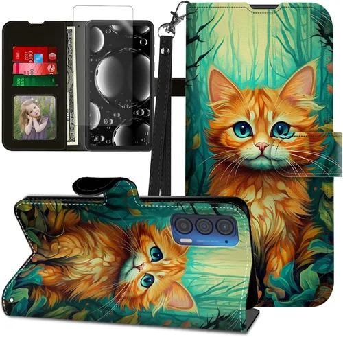Vista 379 de Funda para Motorola Edge 2022 con protector de pantalla, soporte y tarjetero y correa para la muñeca, funda magnética para Moto Edge 2022 5G UW Lobo