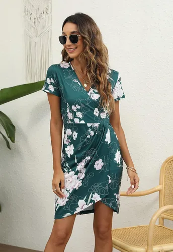 Vista 4 de Manydress Vestido ajustado de manga corta con cuello en V profundo para mujer, vestido cruzado dividido, vestido de cóctel y fiesta, vestido corto