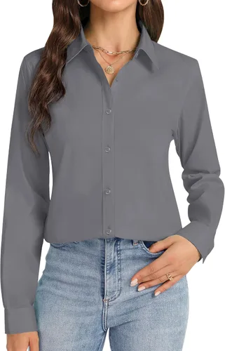 Vista 17 de Camisas con botones J.VER para mujer con cuello elástico y manga larga de algodón, camisa de vestir casual de negocios para el trabajo