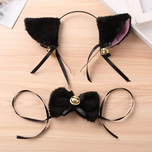 Vista 3 de TiaoBug Juego de disfraz de gato diseño de orejas de gato pajarita y cola para Halloween fiesta de Halloween accesorios de disfraz negro aro de pelo