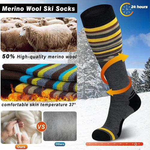 Vista 2 de Calcetines de esquí de lana merina, térmicos, hasta la rodilla, para invierno, snowboard, deportes para hombres y mujeres