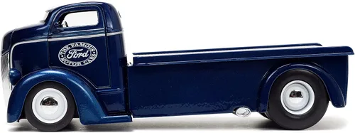 Vista 3 de Jada Toys Just Trucks 1:24 1947 Ford COE - Coche de cama plana fundido a presión color azul oscuro/blanco con estante para neumáticos, juguetes