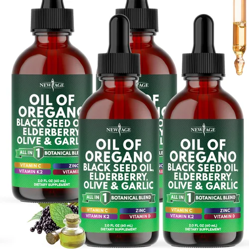 Vista 8 de NEW AGE Gotas de aceite de orégano - Aceite de semilla negra, saúco, vitamina D, D3, K2, oliva, ajo, suplemento de apoyo inmunológico, fórmula