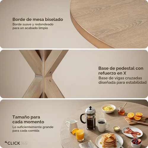 Vista 4 de Mesa de comedor redonda Serta Alfred de madera maciza rústica para decoración de cocina estilo granja, base de pedestal en forma de trébede de beige