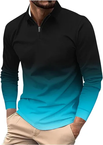 Vista 5 de Camisas para hombres de moda grande y alto de manga larga, color degradado, con cremallera de un cuarto, camiseta polo casual suelta deportiva