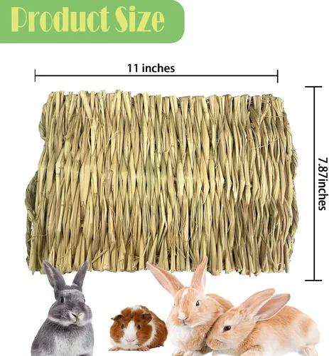 Vista 5 de kathson Alfombrillas de césped para conejo, cama tejida a mano natural de conejo, cama de heno para animales pequeños, nido de conejos, juguetes