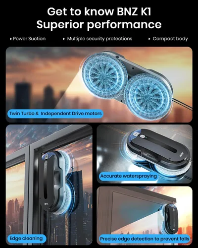 Vista 4 de BNZ Robot Limpiador de Ventanas Inteligente, Limpiador de Ventanas con Turbo Doble y Doble Espray Automático con Múltiple Sistema de Seguridad