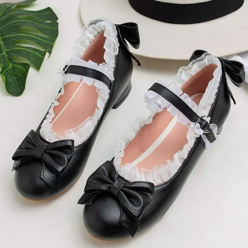 Vista 3 de LUXMAX Zapatos Mary Jane Rockabilly Zapatos planos de encaje con lazo para mujer