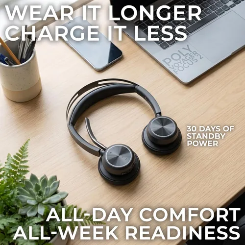 Vista 4 de Poly Voyager Focus 2 UC - Auriculares inalámbricos para oficina, un dispositivo que conecta todo, incluyendo escritorio, PC y teléfono inteligente