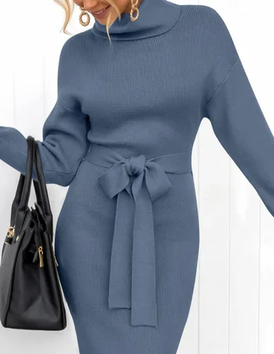 Vista 7 de ZESICA - Vestido por debajo de la rodilla de suéter, de cuello alto, para mujer, de manga larga, de punto acanalado, con abertura y cinturón